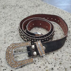 Black and Gold Studded Leather Belt with Ornate Buckle
